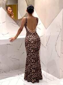 Slaydiva Women Leopard Print Halter Twist Mermaid Evening Dress Pearl Chain Backless Formal Gown Prom Holiday Party New Year Wedding Guest Holiday - Multicolor - View 4