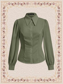 Vintamour 女款純色休閒百搭日常長袖襯衫 - 軍綠色 - 查看 3