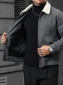 Manfinity CasualCool 男士成熟風深灰色毛領秋冬氛圍羊毛大衣，大口袋拉鍊休閒日常經典款 - 淺灰色 - 查看 6