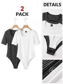 SHEIN BASICS 大尺碼休閒條紋拼接配色短袖連身衣 - 黑與白 - 查看 8