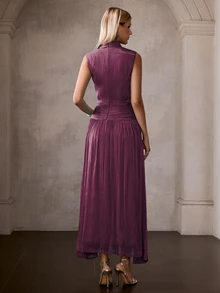 MOTF PREMIUM FRENCH STYLE SLEEVELESS HIGH NECK RUCHED CINCHED WAIST LONG DRESS FOR WOMEN - Red Violet - View 2
