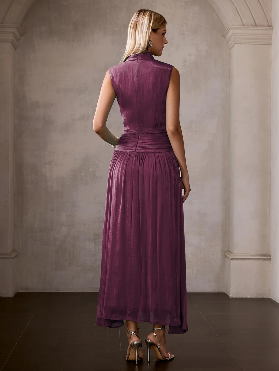 MOTF PREMIUM FRENCH STYLE SLEEVELESS HIGH NECK RUCHED CINCHED WAIST LONG DRESS FOR WOMEN - Red Violet - View 2