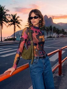 CAJUNI 女款豹紋立領長袖透視網紗上衣 - 彩色 - 查看 6