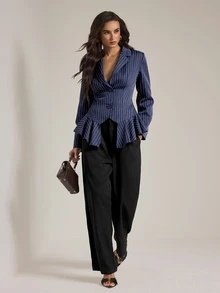 SHEIN Tall Women's Tall Navy Striped Smart-Casual Blazer - Navy Blue - View 4