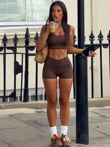 Sirith Spring/Summer Coffee-Colored Tank Top And High-Waist Ruched Four-Corner Shorts Set For Yoga, Running, Pilates - Coffee Brown - View 4