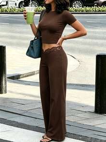 Cévolie European Style Solid Color Round Neck Set, Waist Patchwork Lace Long Pants - Light Coffee - View 6