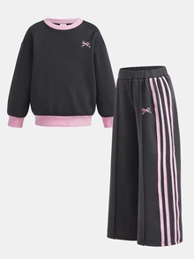 女童休閒百搭灰粉拼接運動衫套裝 2件組 加厚款 秋冬新款蝴蝶結印花 - 灰色 - 查看 11