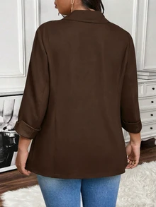 SHEIN LUNE Jaket Blazer Kasual Wanita Ukuran Besar Warna Polos Kerah Berlengan 3/4 untuk Beraktivitas di Luar Rumah - Chocolate Brown - View 2
