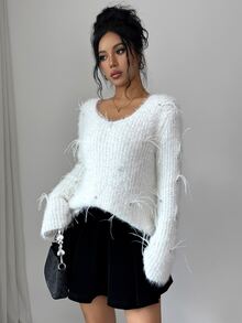 Elenzga Women's Solid Color V-Neck Casual Versatile Daily Wear Long Sleeve Sweater - White - View 1