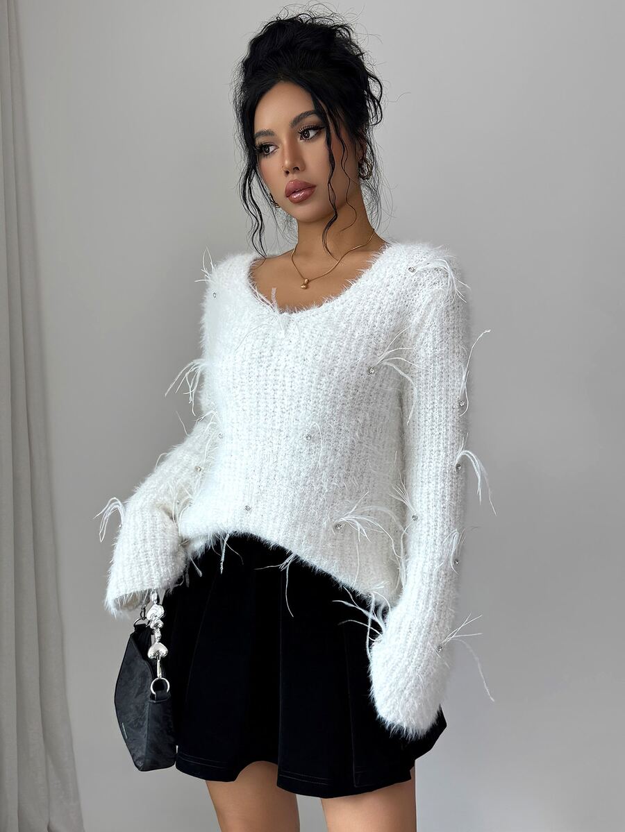 Elenzga Women's Solid Color V-Neck Casual Versatile Daily Wear Long Sleeve Sweater - White - View 1