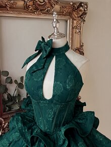 Lovelzi 優雅奢華編織提花布料手工蝴蝶結裝飾掛脖小立領大波浪A字短款女式正式晚宴禮服 - 墨綠色 - 查看 3