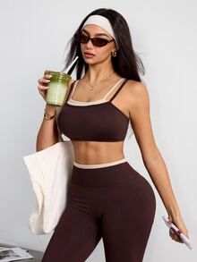 Dewbera Dewbera 1 Set Coffee Brown Double Spaghetti Strap Sports Set, Adjustable Cross Back Bra, Ribbed High Waist Leggings, Slim Fit, For Yoga Fitness Daily Summer - Coffee Brown - View 6