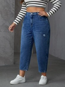 SHEIN PETITE CURVE Plus Size Casual Washed Distressed Denim Jeans - Blue - View 3