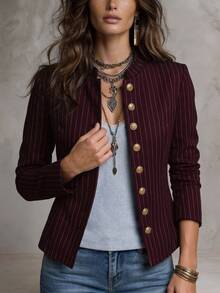 Solivie Women's Autumn Fashion Striped Jacket - Burgundy - View 4