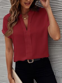 SHEIN Clasi Summer Casual Solid Color Notch Collar Shirt - Burgundy - View 1