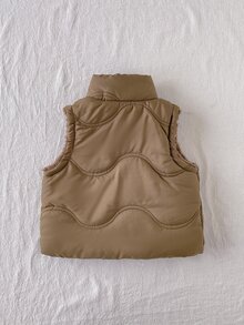 SHEIN Playful Pals 1件幼女甜美棕色毛茸茸抓絨內裡絎縫無袖立領加厚戶外度假冬秋保暖填充背心外套 - 棕色 - 查看 2