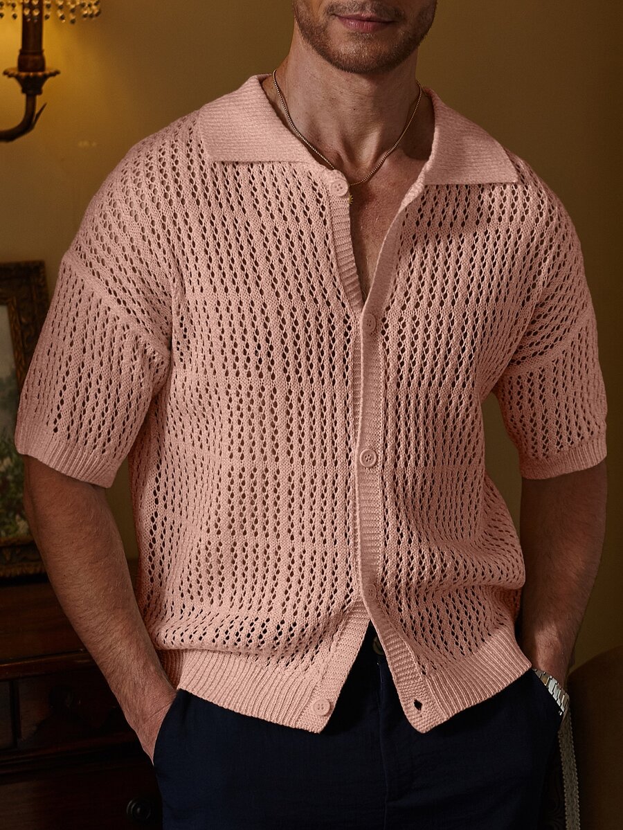 Manfinity Homme Top de punto hueco de unicolor para hombre - Rosa Pálido - Ver 1