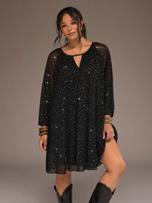 Freevana Plus Size Elegant Black Sheer Mesh Sparkly Rhinestone V Neck Long Sleeve Flowy Evening Dress - Black - View 3