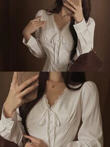 DAZY 純色領口修身短袖白色女式襯衫 - 白色 - 查看 2