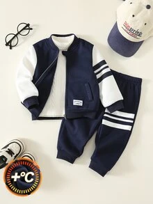 SHEIN 男女嬰幼兒 2件組 秋冬加厚抓絨內裡休閒時尚拼色拼接運動衫套裝，夾克套裝，棒球服套裝，嬰兒冬季套裝 - 藏蓝色 - 查看 1