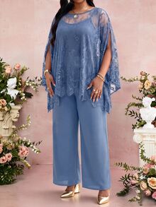 Fleurora Plus Size Women's Lace Cape Sleeve Top And Pants Elegant Two Pieces Set - Dusty Blue - View 5