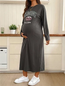 Dazy Maternity Letter Print Loose Long Sleeve Maxi Casual Daily Vacation Spring Autumn Maternity Dress - Grey - View 7