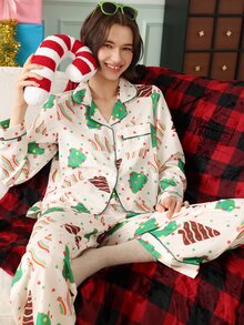 Chillnights طقم بيجامة نسائي بطبعة كاملة، ملابس علوية بأكمام طويلة وبنطلون، كاجوال للاستخدام اليومي والمنزلي - متعدد الألوان - مشاهدة 4