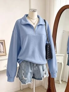 SHEIN Sparklyn 青少年女孩純色落肩長袖半拉鍊休閒運動衫 - 藍色 - 查看 3