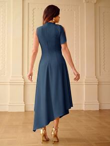 ZEYLAH Spring/Summer Asymmetrical Hem Asymmetrical Shoulder Dress - Dark Blue - View 3