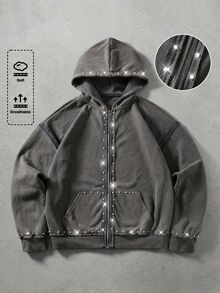 ROMWE MEN Street Life Men's Rhinestone Casual Versatile Daily Wear Hoodie - Grey - View 8