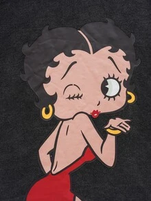 Betty Boop x SHEIN Áo hoodie nam tay dài phong cách thường ngày có dây rút - màu đen - Xem 4