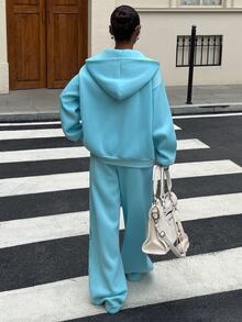Muchica 女款街頭風拉鍊連帽長袖衛衣與長褲兩件套 - 淺藍色 - 查看 2