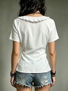 Trelyra Atasan American Vintage Ruffle V-Neck Lengan Pendek, Kain Katun Linen Bertekstur Kerut, Simpul Samping di Pinggang, Hem Asimetris, Atasan yang Melangsingkan - Putih - View 2
