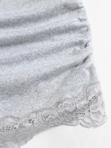 Sweetra Women's Grey V-Neck Lace Trim Design Flared Sleeve Slim Fit Sexy Elegant Commute T-Shirt For Autumn/Winter - Grey - View 3