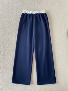SHEIN Tween Girls Casual Drawstring Hem Wide Leg Straight Sweatpants, Fall Winter - Navy Blue - View 3