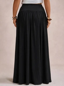 Freevana Plus Size Women's Casual Smart Vintage Minimalist Long Skirt Fall Travel Homewear Black - Black - View 2