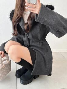 FRIFUL Women's Elegant Rhinestone Decorated Hooded Overcoat, Autumn/Winter - Grey - View 3