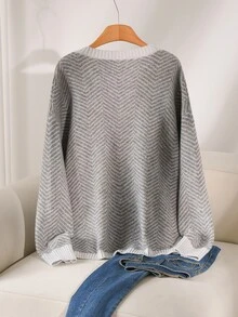 CosyJoli Plus Size Women's Striped V-Neck Drop Shoulder Long Sleeve Casual Pullover Sweater Winter - Grey - View 2