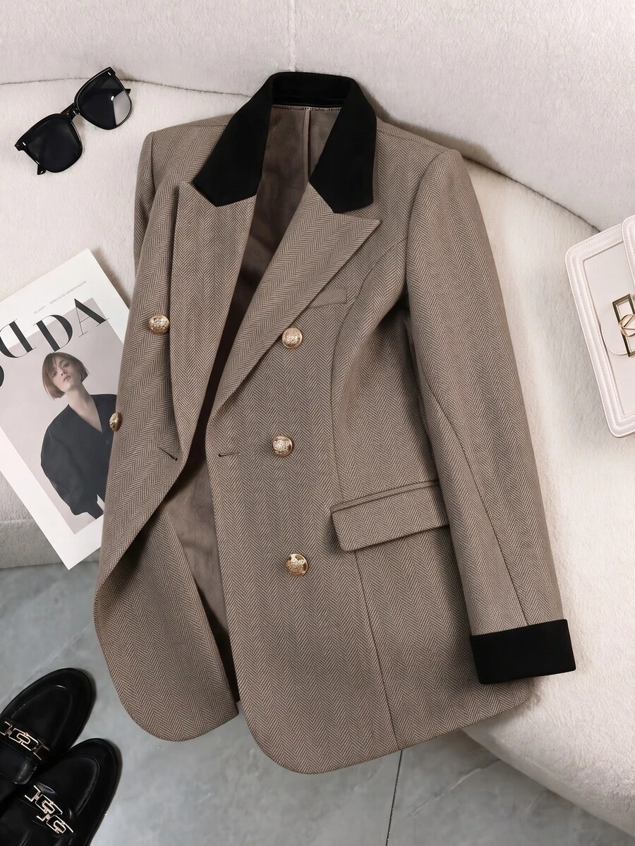 GlowEve CURVE Plus Size Women's Daily Commute Patchwork Colorblock Blazer - Multicolor - View 1