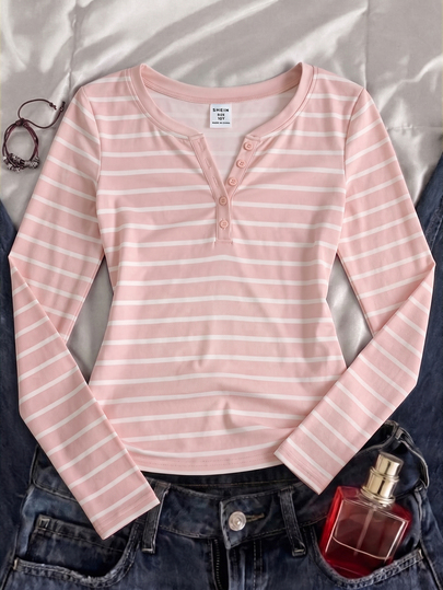 Kids Tween Girl Slim Fit Casual Minimalist Comfortable Round Neck -Button White & Pink Striped Long Sleeve T-Shirt