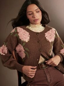 WESTFADE Flower Intarsia Button Front Long Sleeve Brown Cardigan Sweater, Fall Winter 2026, Western Style, Cowgirl Clothing, Rodeo, Female Country Look, Autumn - Multicolor - View 4