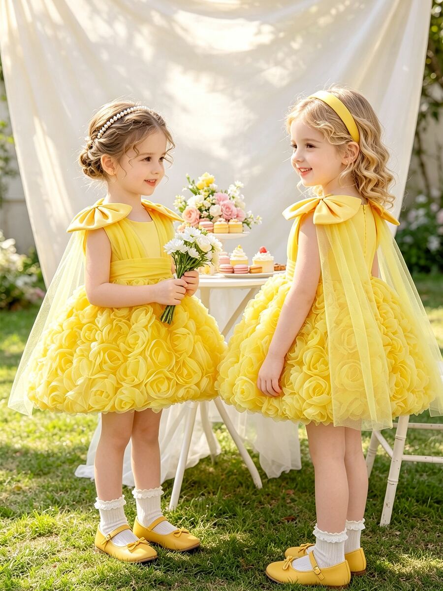 SHEIN Glamorique Kids 女嬰軟黃色薄紗洋裝，附3D花朵刺繡與可拆式蝴蝶結，適合1歲生日派對、花童、婚禮，夏季可愛款 - 黃色 - 查看 1