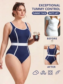 SHEIN Rhythm Era Plus Size Striped Colorblock Casual Versatile Sports Jumpsuit - Navy Blue - View 1