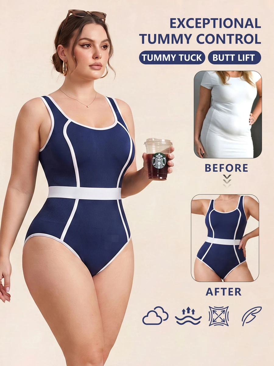 SHEIN Rhythm Era Plus Size Striped Colorblock Casual Versatile Sports Jumpsuit - Navy Blue - View 1