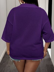 Slaydiva Plus Size Women Solid Color Lapel Drop Shoulder Casual Knit Top - Purple - View 2