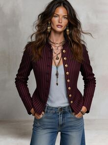 Solivie Women's Autumn Fashion Striped Jacket - Burgundy - View 2