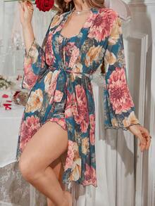 SHEIN 時尚繫帶花卉印花女款網紗細肩帶睡裙與晨袍套裝 - 綠色 - 查看 7