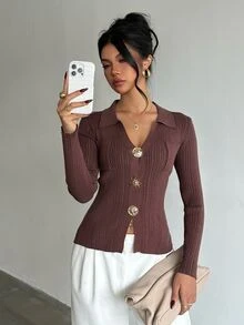 Glamine 女款復古時尚紋理金屬裝飾針織開襟衫 - 棕色 - 查看 6