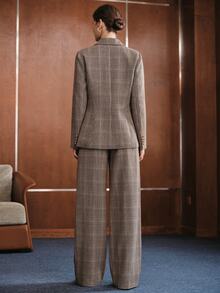 Anewsta Autumn/Winter New Fashion Casual Versatile Retro Plaid Waist-Cinching Blazer With Fitted Metal Button Straight Leg Suit Pants Set - Multicolor - View 7