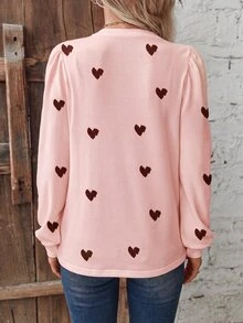 Glimmora Fashion Casual Retro Basic Round Neck Puff Long Sleeve Pink Base Coffee Heart Print T-Shirt - Multicolor - View 4